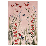 A beautifully hand-tufted area rug featuring vibrant butterflies fluttering above a lush meadow of red and purple flowers. The soft pastel background enhances the intricate wool design, making it a perfect choice for area rugs for living room spaces. This 8x10 living room rug brings a touch of nature and elegance into your home.