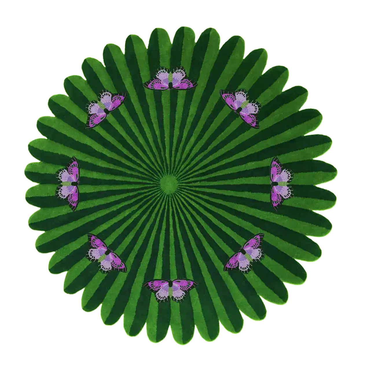 This vibrant green round wool area rug features a striking design of butterflies over a floral pattern. Perfect for adding a touch of elegance to living room and dining room spaces, this hand-tufted rug serves as an eye-catching centerpiece in formal dining areas.