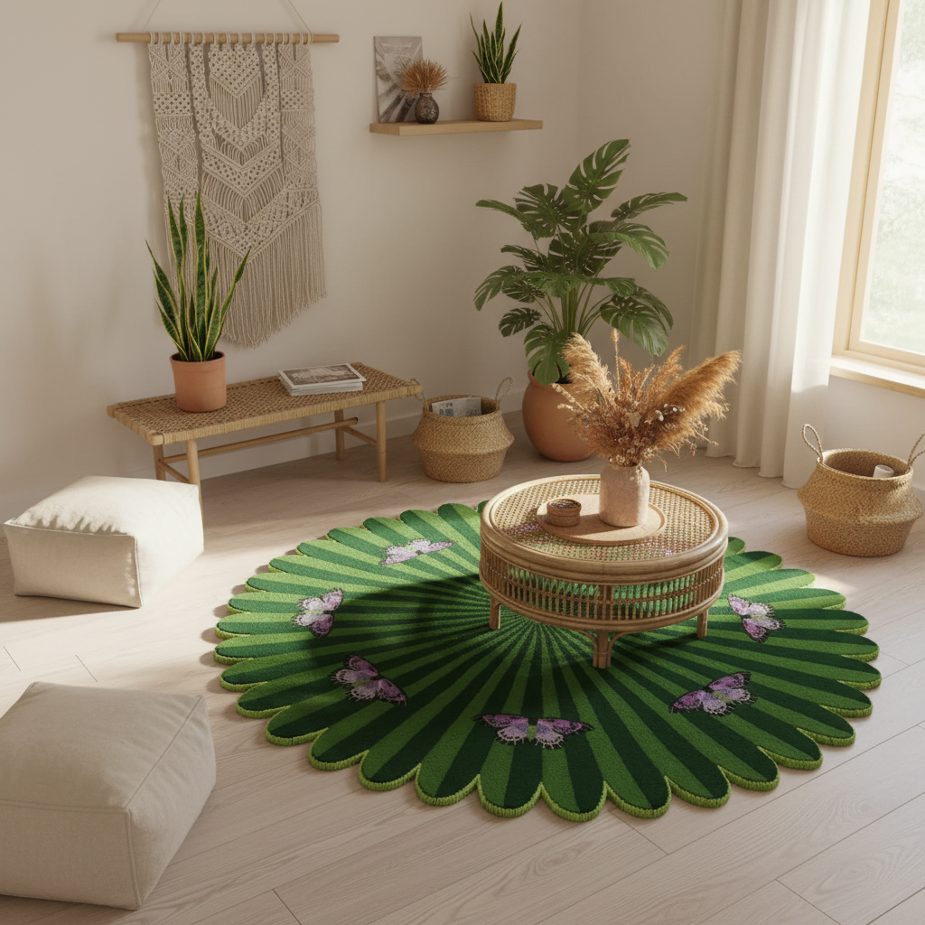 Living room with a green floral-patterned rug, wooden coffee table, and decorative plants.