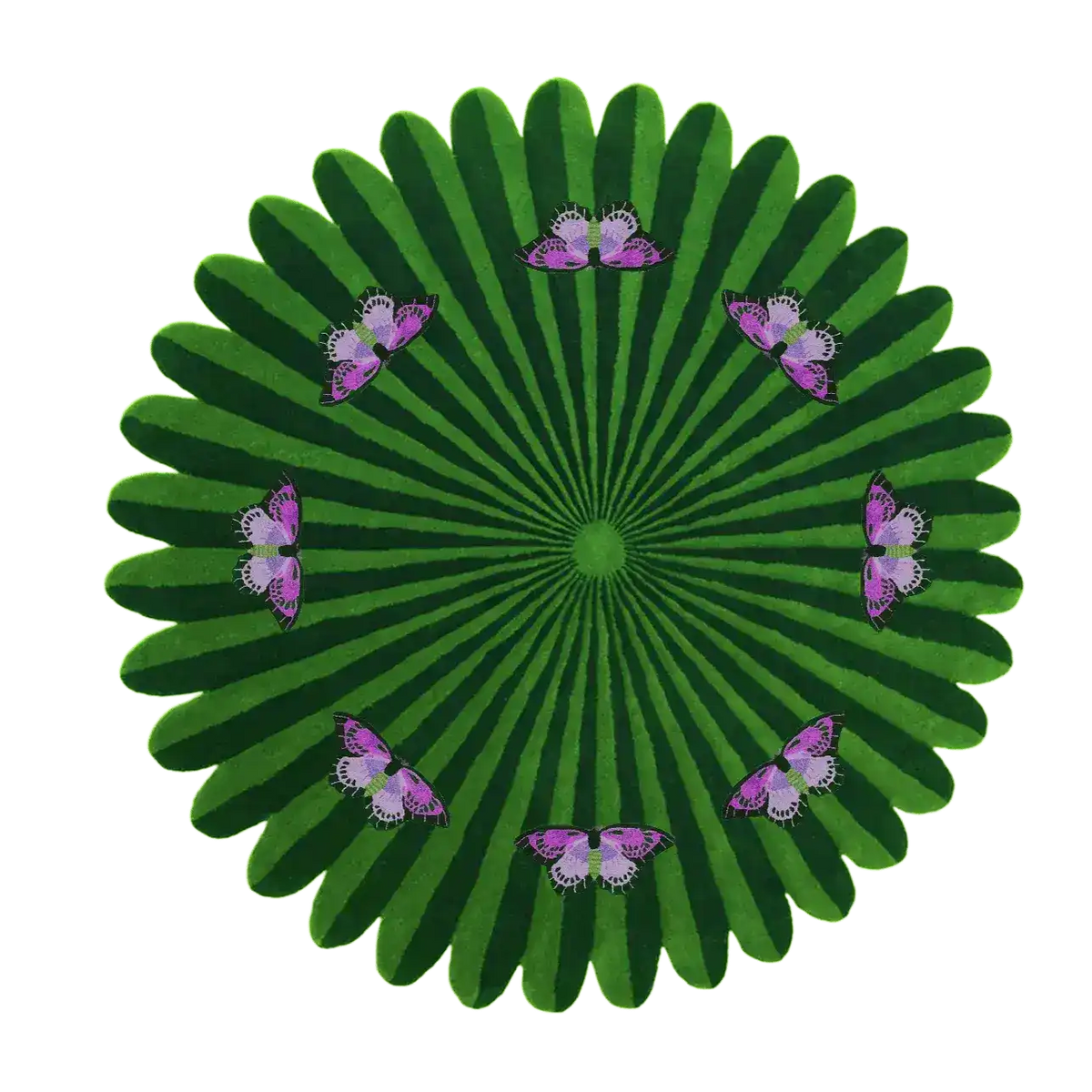 A vibrant green round area rug featuring an intricate design of pink and purple butterflies over a floral pattern. Ideal for adding a touch of elegance to your living room or dining room, this hand-tufted wool rug is perfect for formal dining room settings.