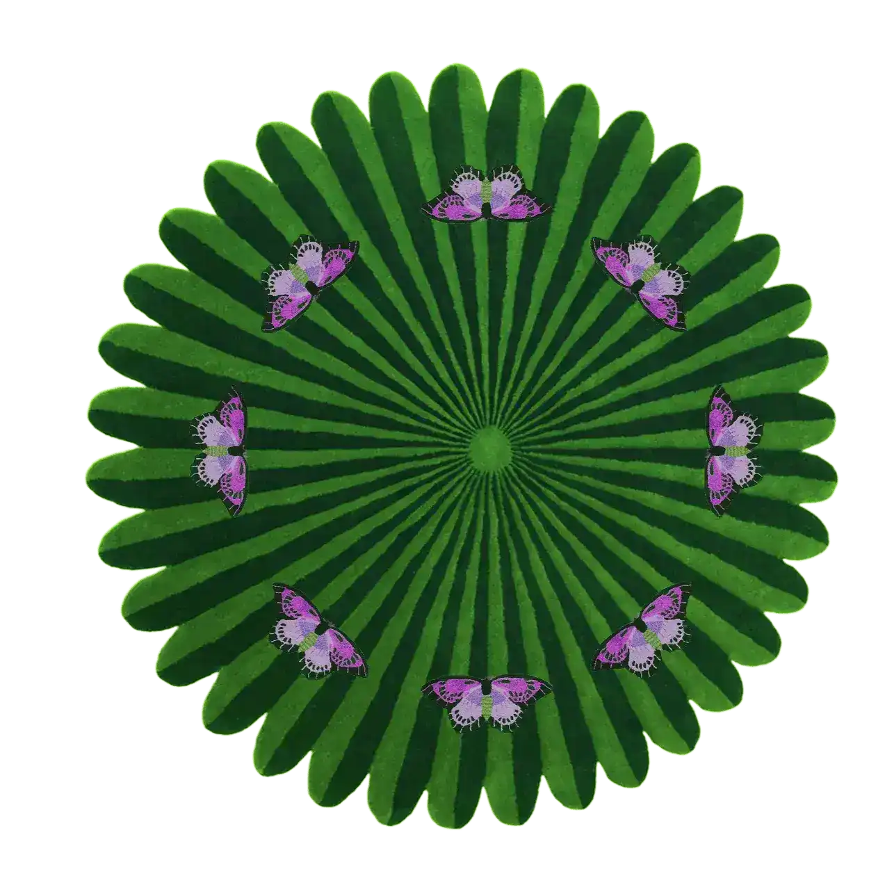 A vibrant green round area rug featuring an intricate design of pink and purple butterflies over a floral pattern. Ideal for adding a touch of elegance to your living room or dining room, this hand-tufted wool rug is perfect for formal dining room settings.