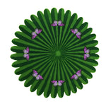 A vibrant green round area rug featuring an intricate design of pink and purple butterflies over a floral pattern. Ideal for adding a touch of elegance to your living room or dining room, this hand-tufted wool rug is perfect for formal dining room settings.
