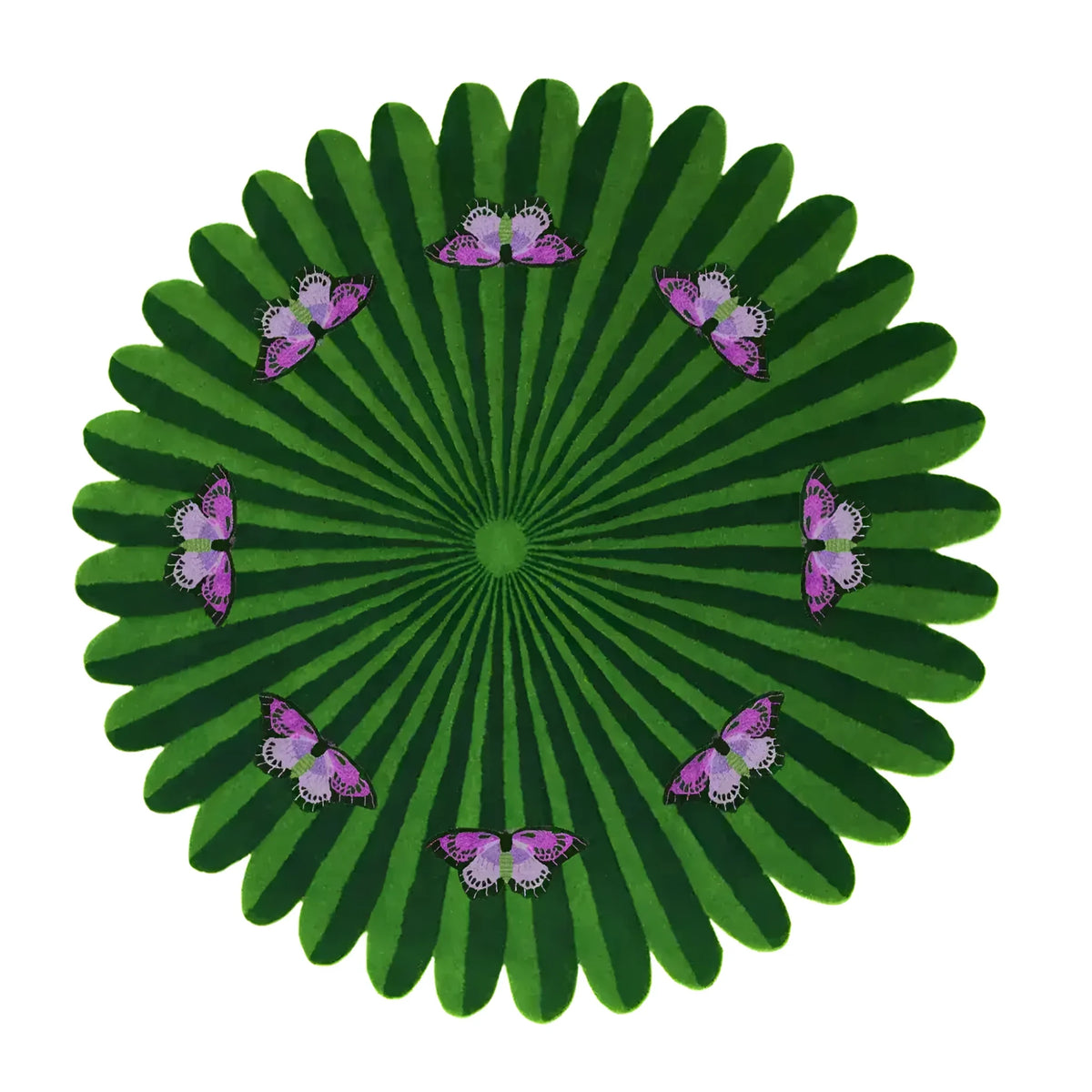 This vibrant green round wool area rug features a striking design of butterflies over a floral pattern. Perfect for adding a touch of elegance to living room and dining room spaces, this hand-tufted rug serves as an eye-catching centerpiece in formal dining areas.