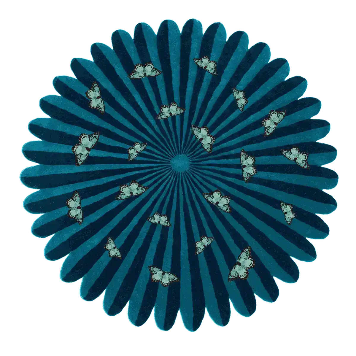 Round area rug with a vibrant design featuring butterflies over a flower pattern. This hand-tufted wool rug is perfect for adding a splash of color to a large living room.