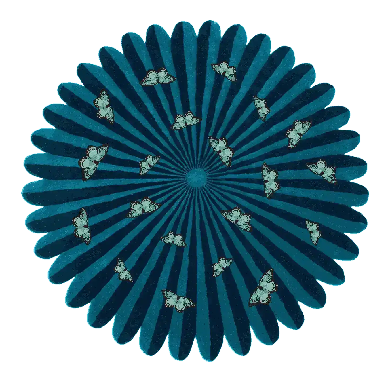 Round area rug with a vibrant design featuring butterflies over a flower pattern. This hand-tufted wool rug is perfect for adding a splash of color to a large living room.