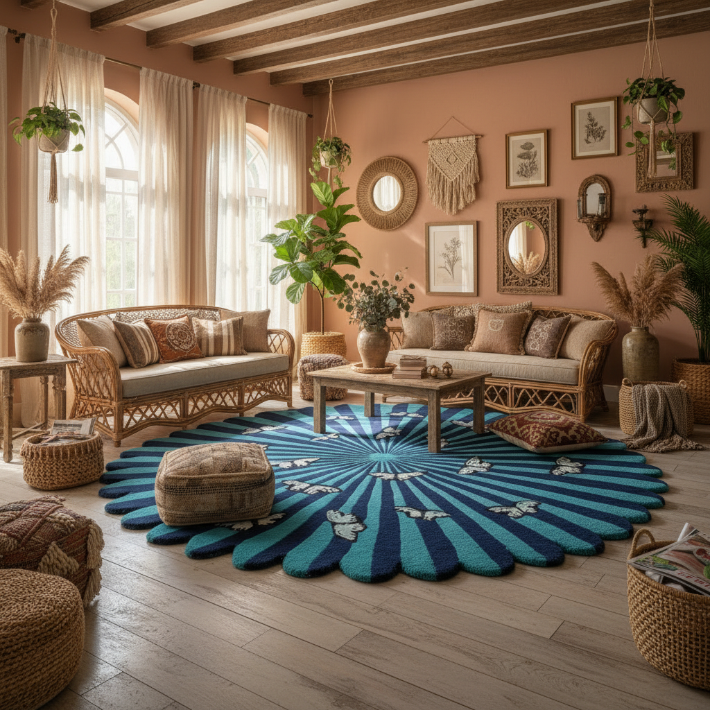 Cozy living room with a blue and green round rug, wicker furniture, and decorative plants.
