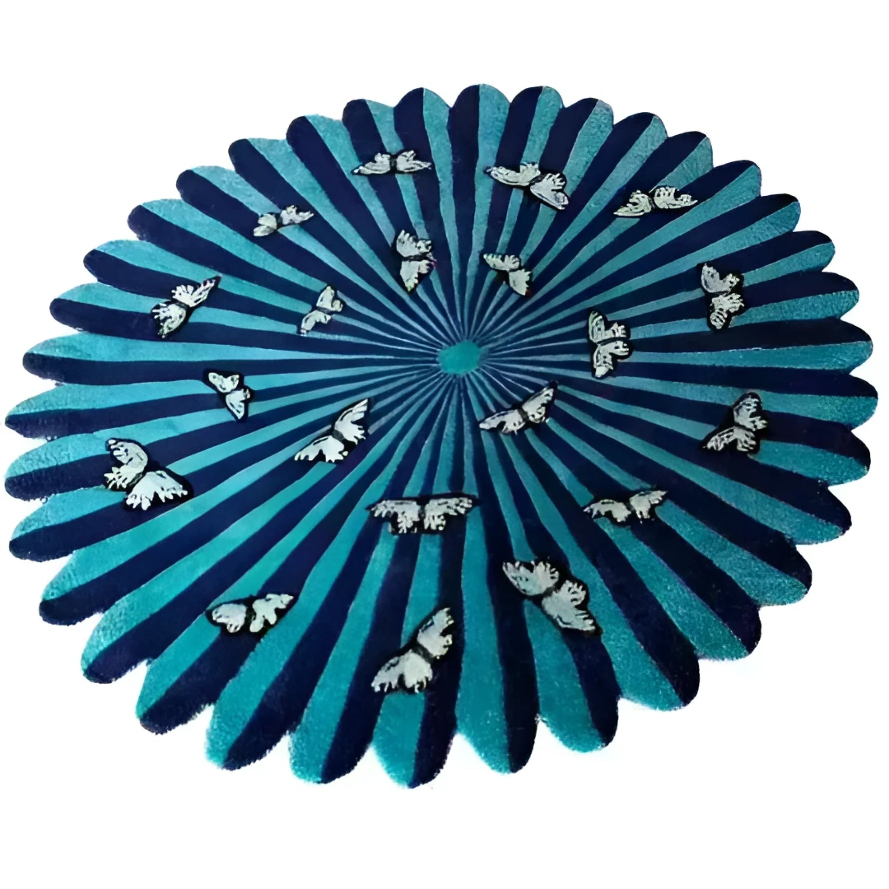 A vibrant round area rug designed for a large living room, featuring a hand-tufted wool pattern with butterflies over a floral-inspired design. The rug combines shades of blue and teal, creating an inviting and stylish focal point.