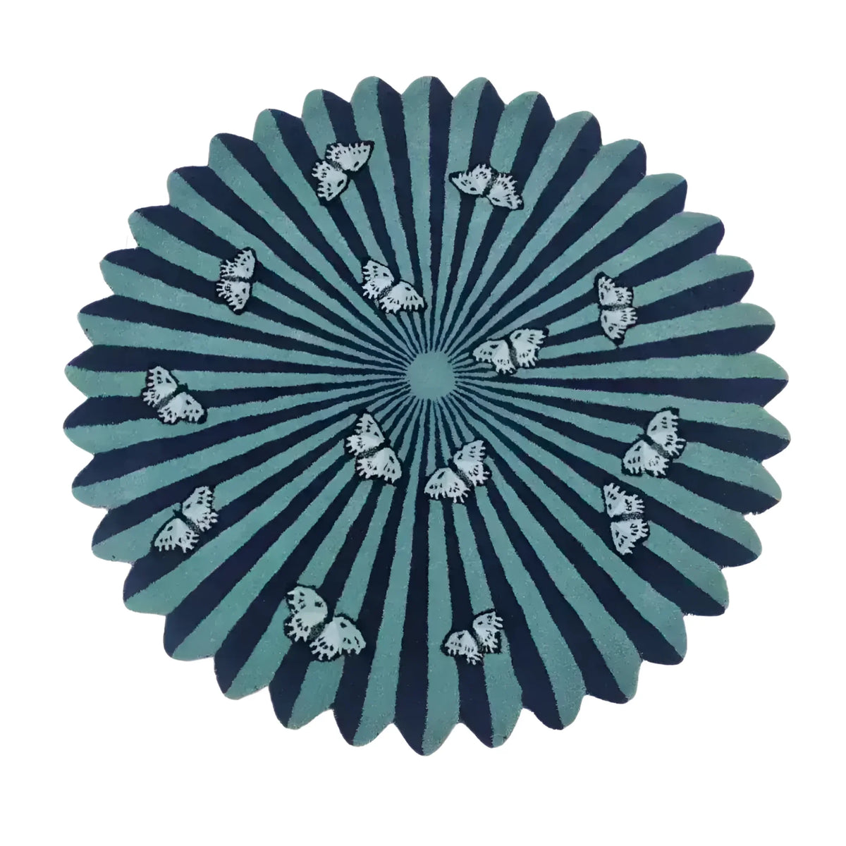 Round area rug with a stunning design of white butterflies over a flower pattern, perfect for a large living room. This hand-tufted wool rug adds a touch of elegance and nature-inspired beauty to any space.