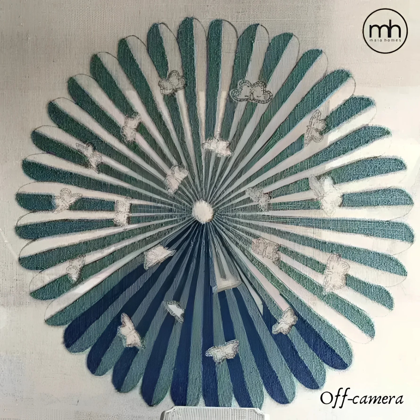 Top view of a round, hand-tufted wool rug featuring a striking design of butterflies over a flower pattern, perfect for a large living room. The area rug showcases a harmonious blend of teal and blue hues, ideal for adding a touch of elegance to any living space.