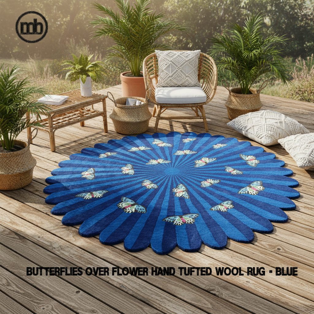 Butterflies over Flower Hand Tufted Wool Rug - Blue