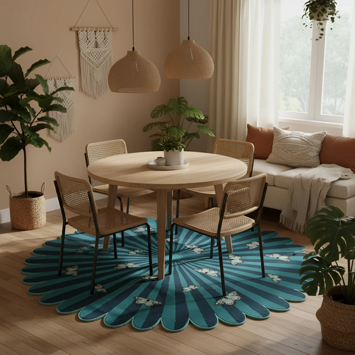 Butterflies over Flower wool rug in dining area — round scallop edge, teal and blue radiating stripes with white butterfly motifs