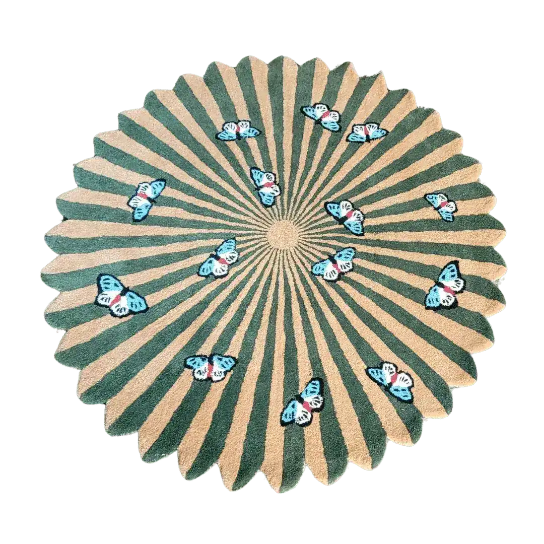 Round wool rug featuring a vibrant design of butterflies over a floral pattern, perfect for enhancing living room and dining room decor. This hand-tufted area rug brings an earthy charm to any space, making it an ideal choice for living room area rugs or dining room settings.