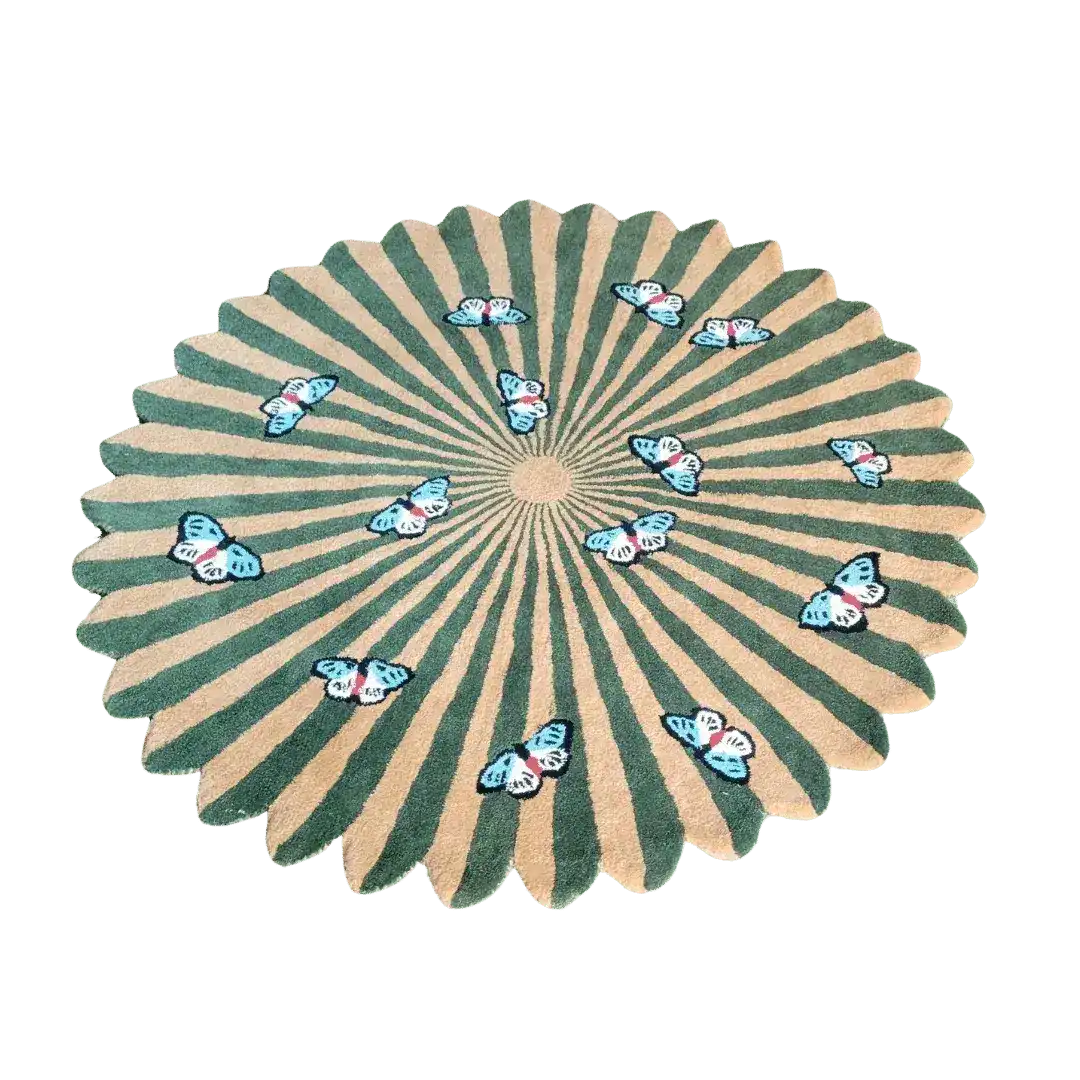 Round hand-tufted wool rug featuring an earthy design with butterflies over a flower pattern, perfect for adding a touch of nature to your living room or dining room. This exquisite area rug blends seamlessly with various interior styles, making it an ideal choice for living room area rugs.