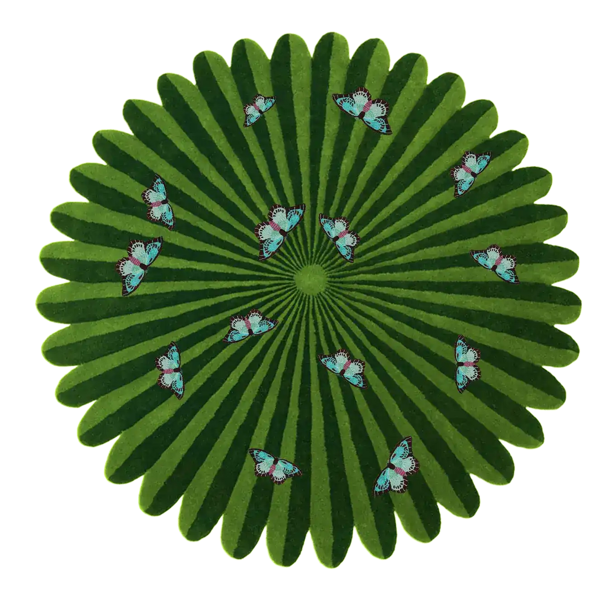 A vibrant green wool rug featuring a hand-tufted design with butterflies over a flower pattern. Perfect as an area rug for a living room or office, this round rug adds a lively touch to large living room spaces.