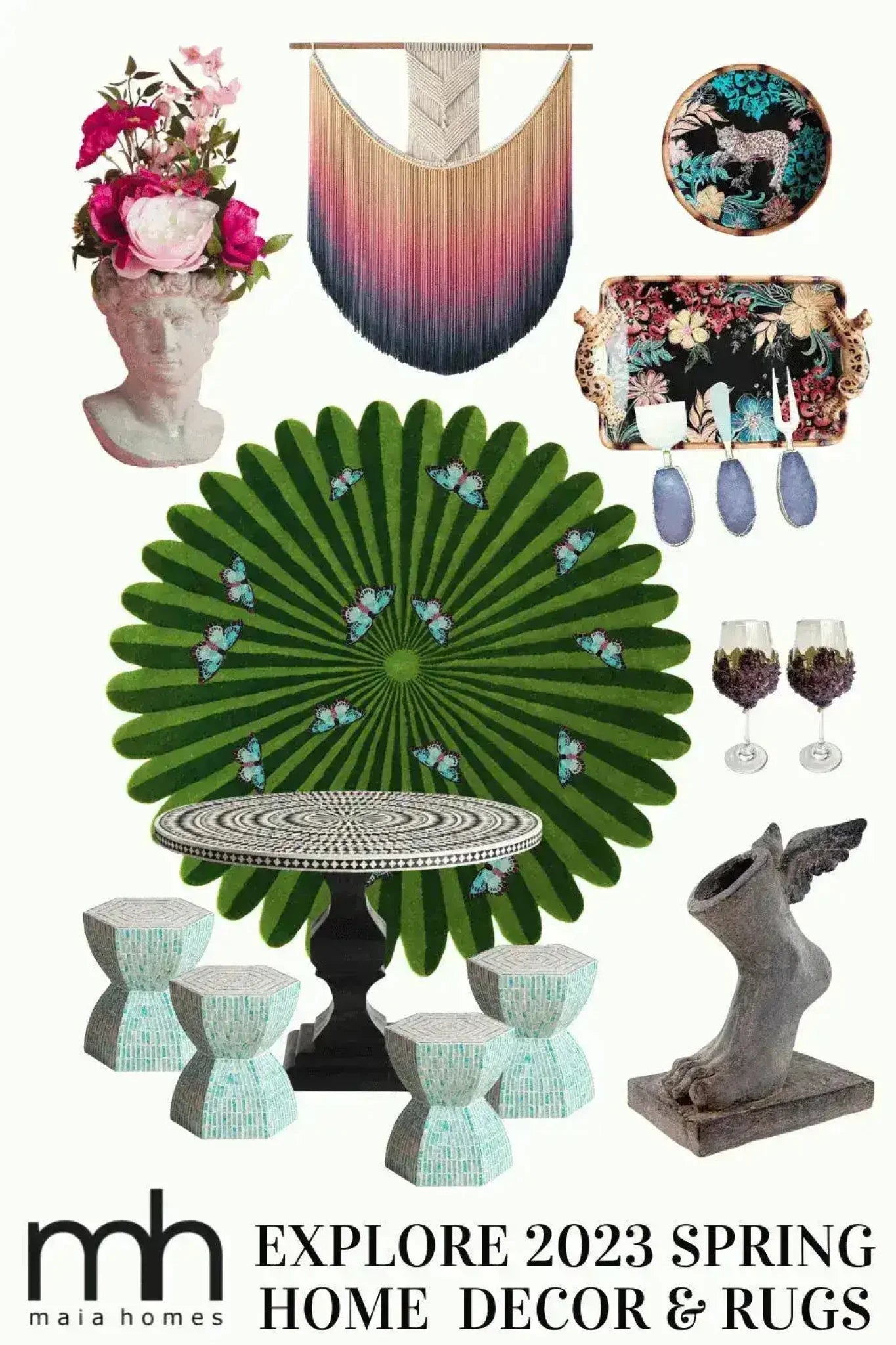 A vibrant green area rug featuring butterfly motifs, perfect for adding a touch of nature to your living room or office. This hand-tufted wool rug offers a stylish and comfortable addition to large living room spaces, enhancing the decor with its unique round design.