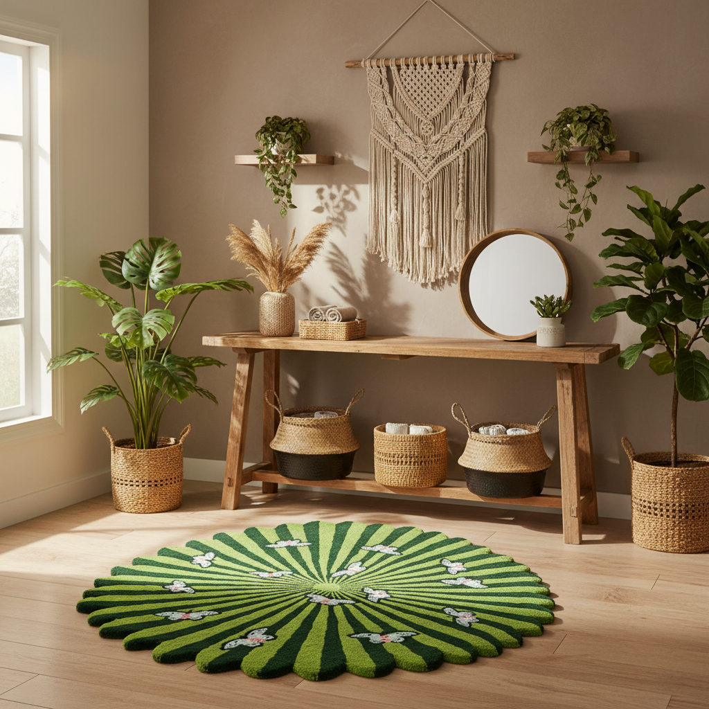Living room with a green circular rug, wooden console table, and plants.