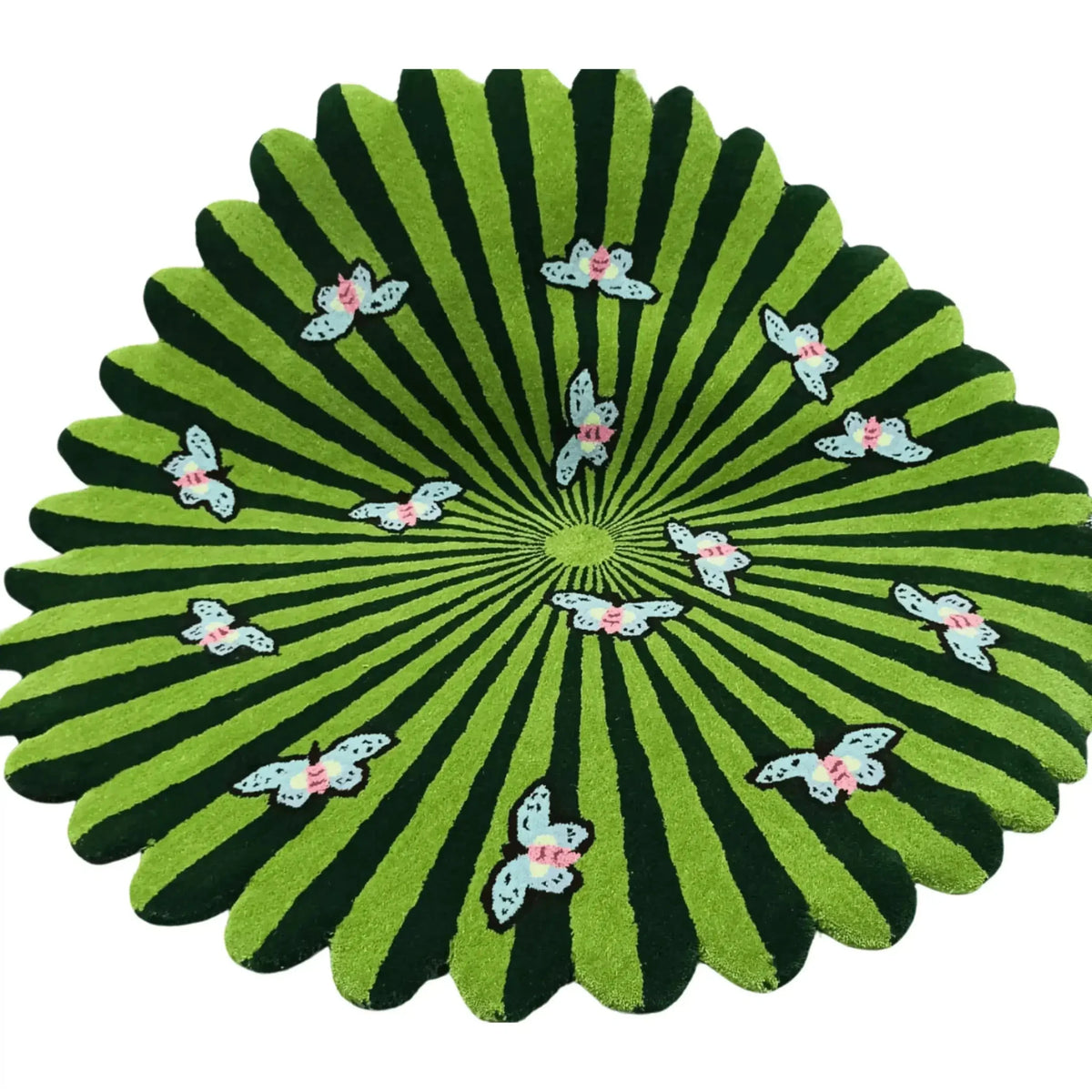 Vibrant green round wool area rug featuring a unique scalloped edge with butterfly motifs, perfect for adding a touch of nature to large living rooms or offices.