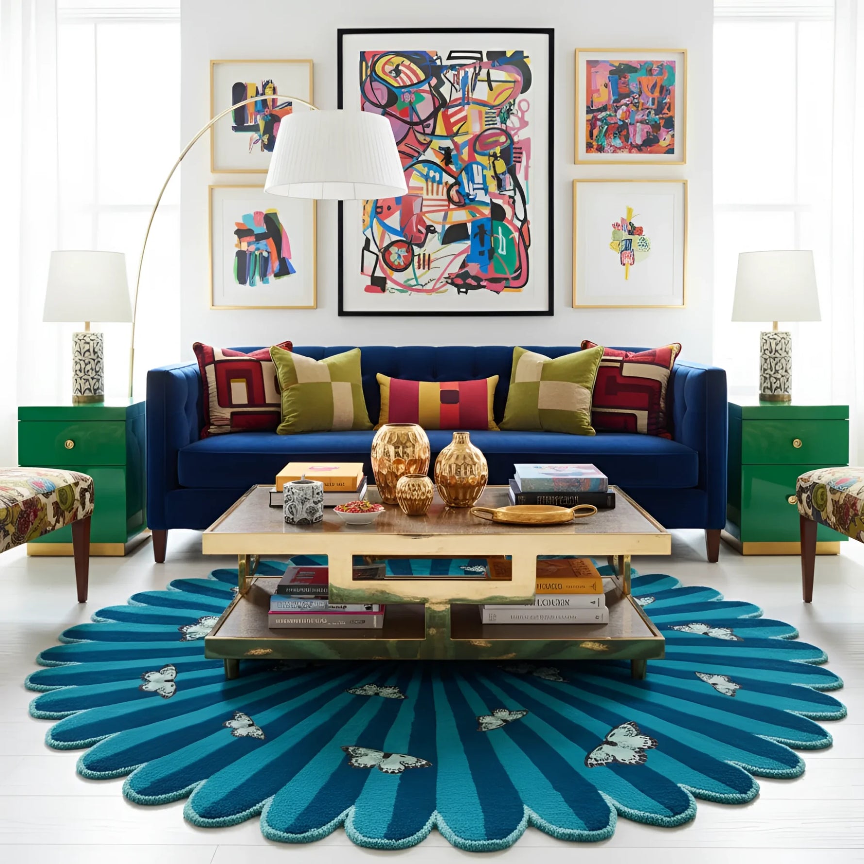 Living room with a blue sofa, colorful artwork, and a blue floral rug.