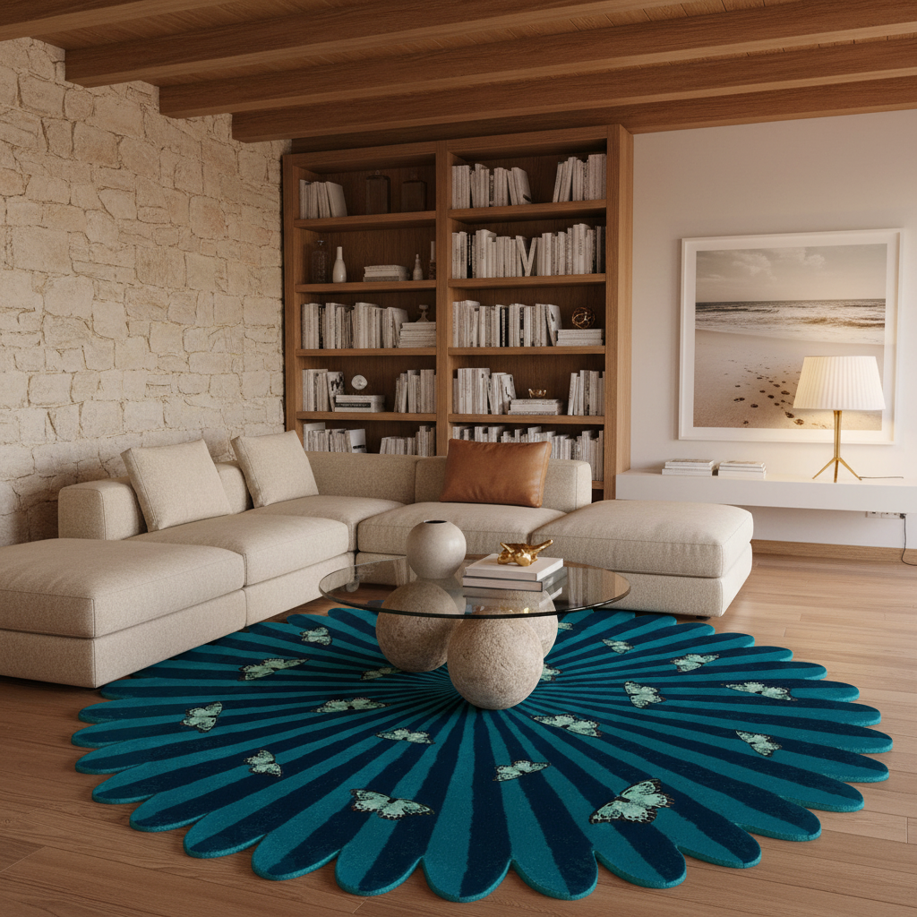 Butterflies over Flower Hand Tufted Wool Rug