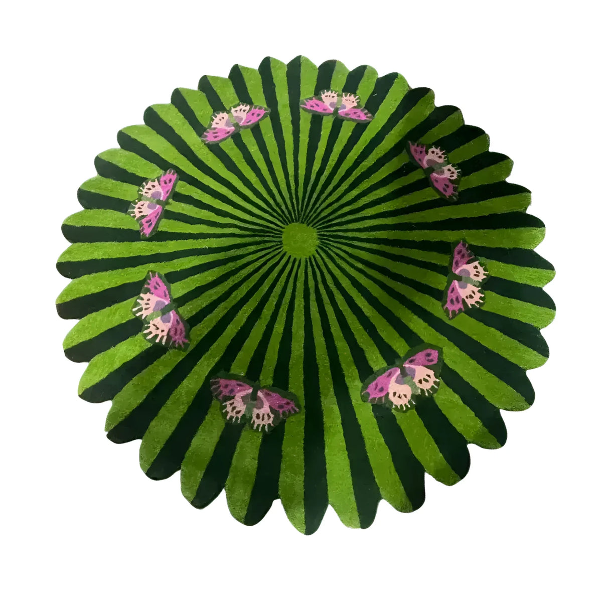 Butterflies over Flower Round Hand Tufted Wool Rug - Light Green