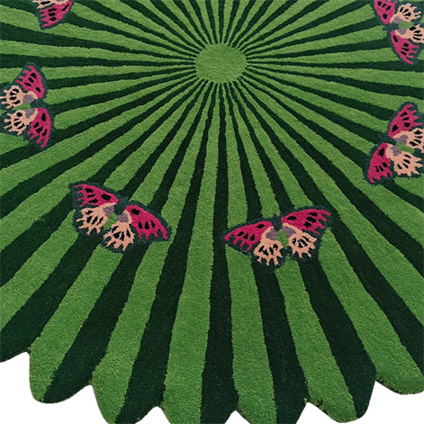 Butterflies over Flower Round Hand Tufted Wool Rug - Light Green