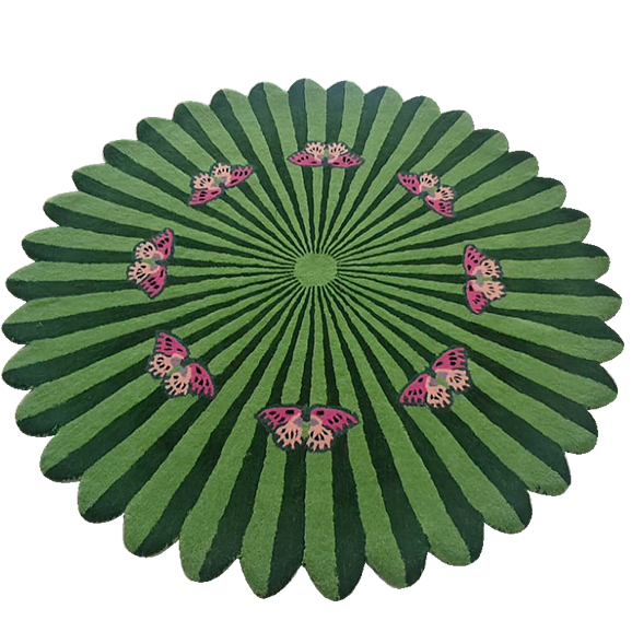 Butterflies over Flower Round Hand Tufted Wool Rug - Light Green