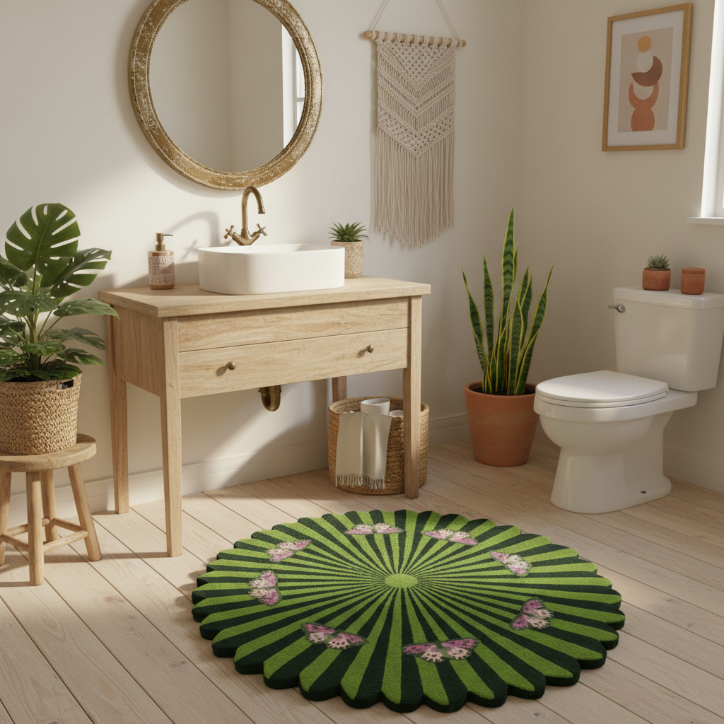 Bathroom with wooden vanity, round mirror, and green and pink green patterned rug.