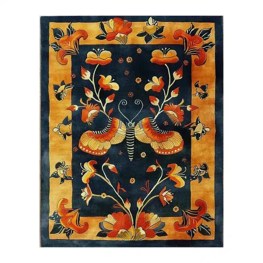 Elegant tufted wool area rug featuring a vibrant butterfly and floral design, perfect for adding a touch of nature-inspired beauty to your bedroom or living room decor. This colorful area rug, ideal for bedrooms and living rooms, showcases intricate details and a stunning mix of warm hues, making it a standout choice for any space.