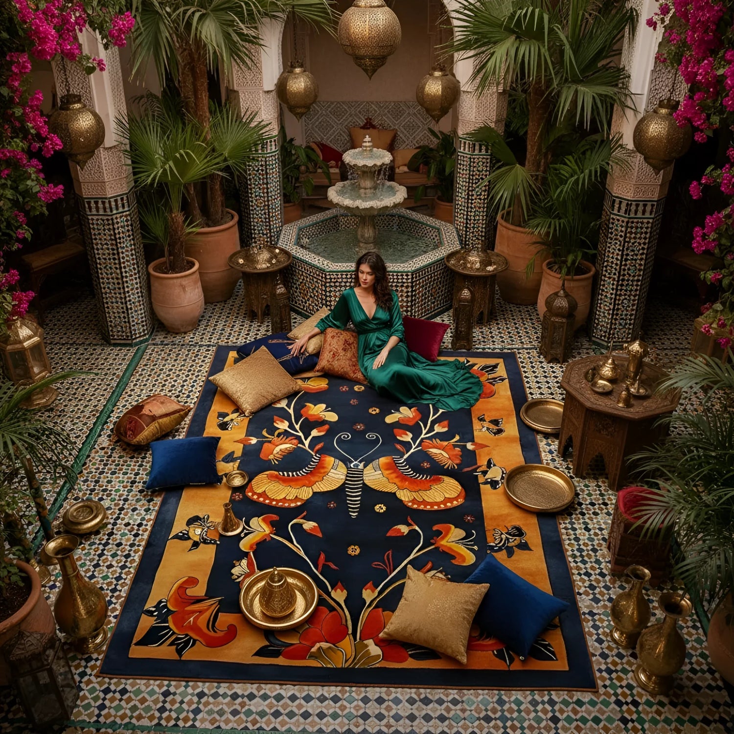 Woman in a green dress sitting on a colorful rug in a decorative indoor setting with plants and furniture.