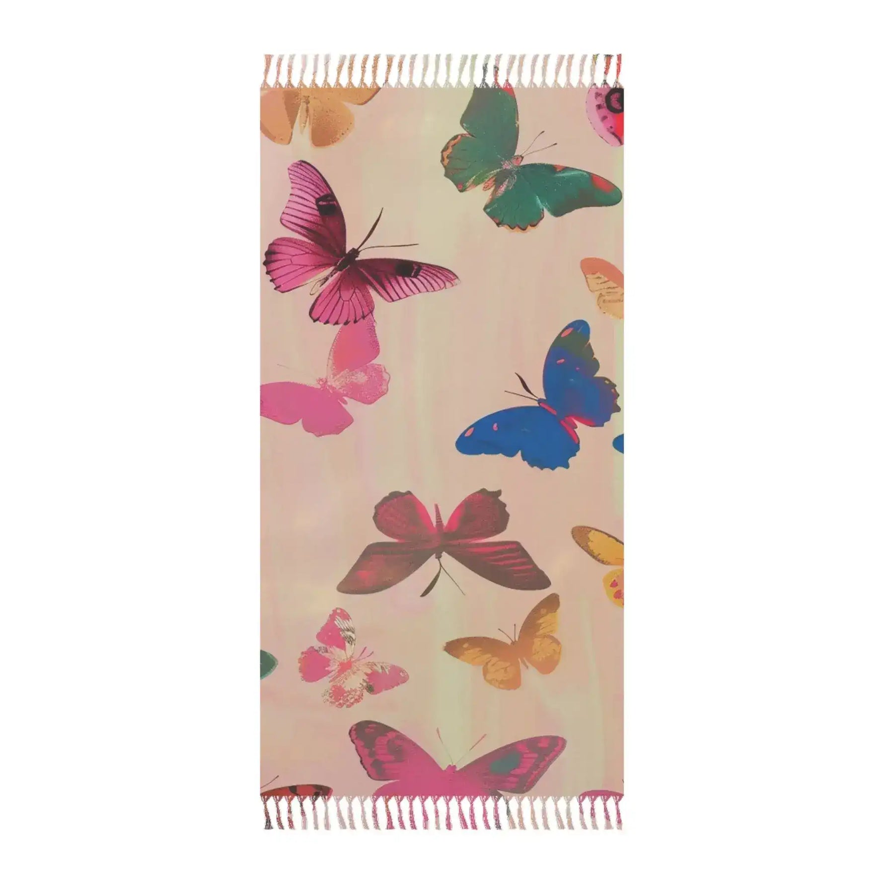 Pink beach towel scattered multicolored butterfly print in pink blue orange green cream ground fringed ends