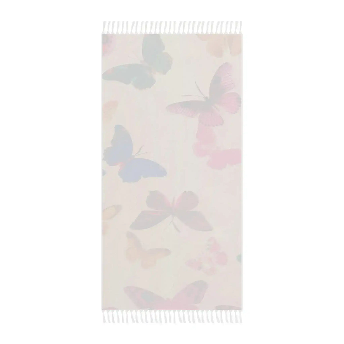 Beach towel soft pastel watercolor butterfly motif muted blue pink tones cream ground fringed ends