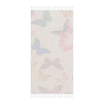 Beach towel soft pastel watercolor butterfly motif muted blue pink tones cream ground fringed ends
