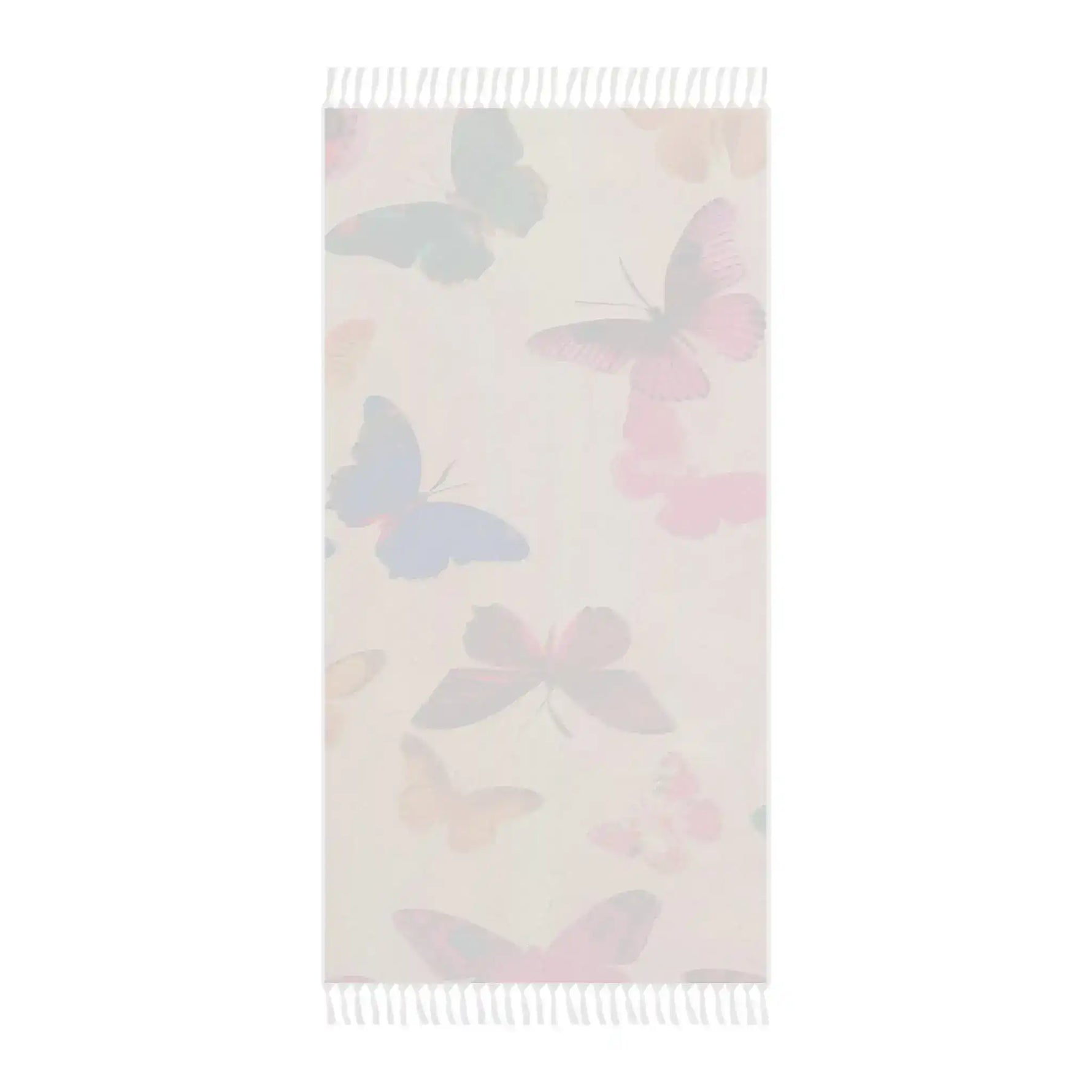 Beach towel soft pastel watercolor butterfly motif muted blue pink tones cream ground fringed ends