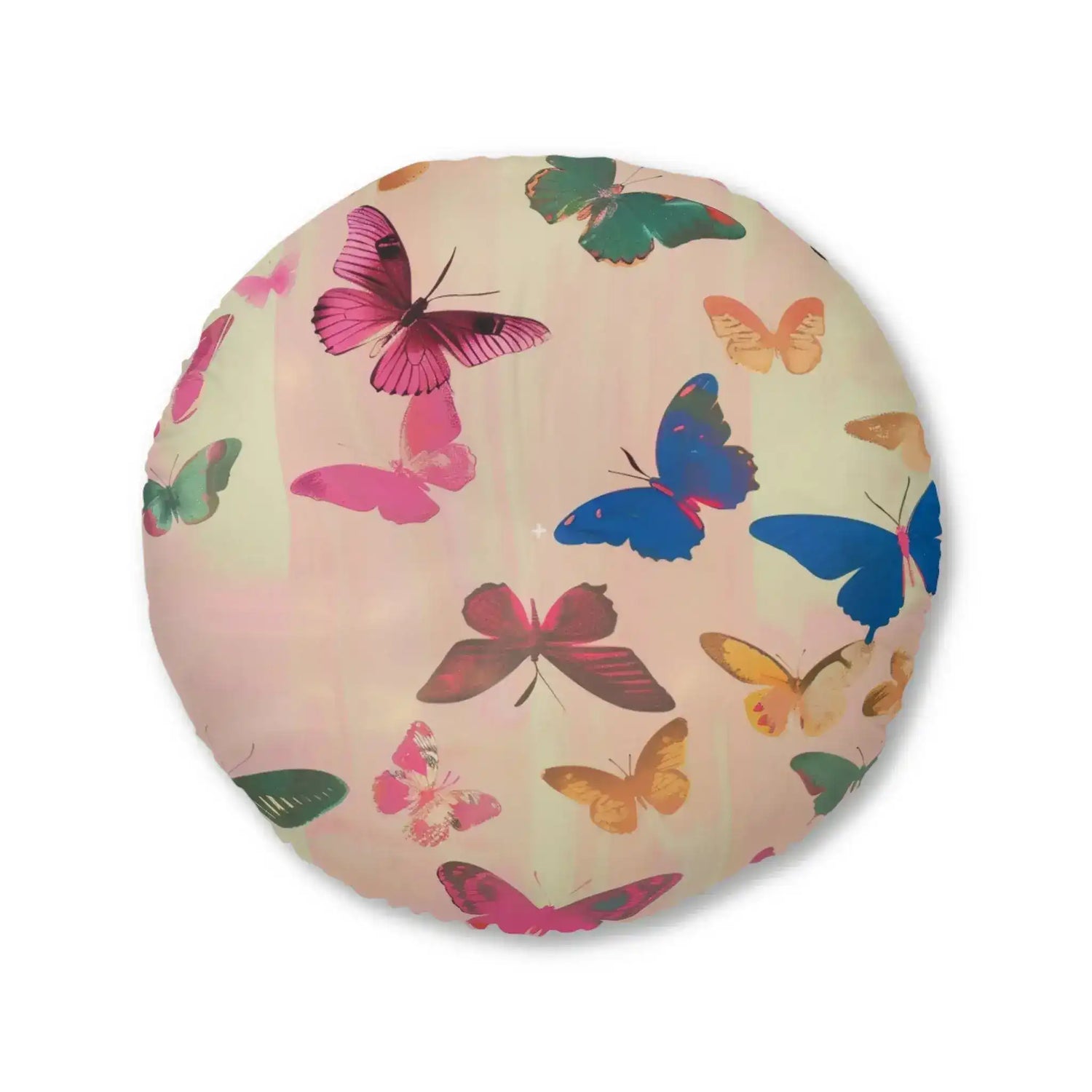 Butterfly Kisses Dreamy Pink Flight Floor Pillow close crop showing assorted colorful butterfly silhouettes floating on a warm blush and cream ground