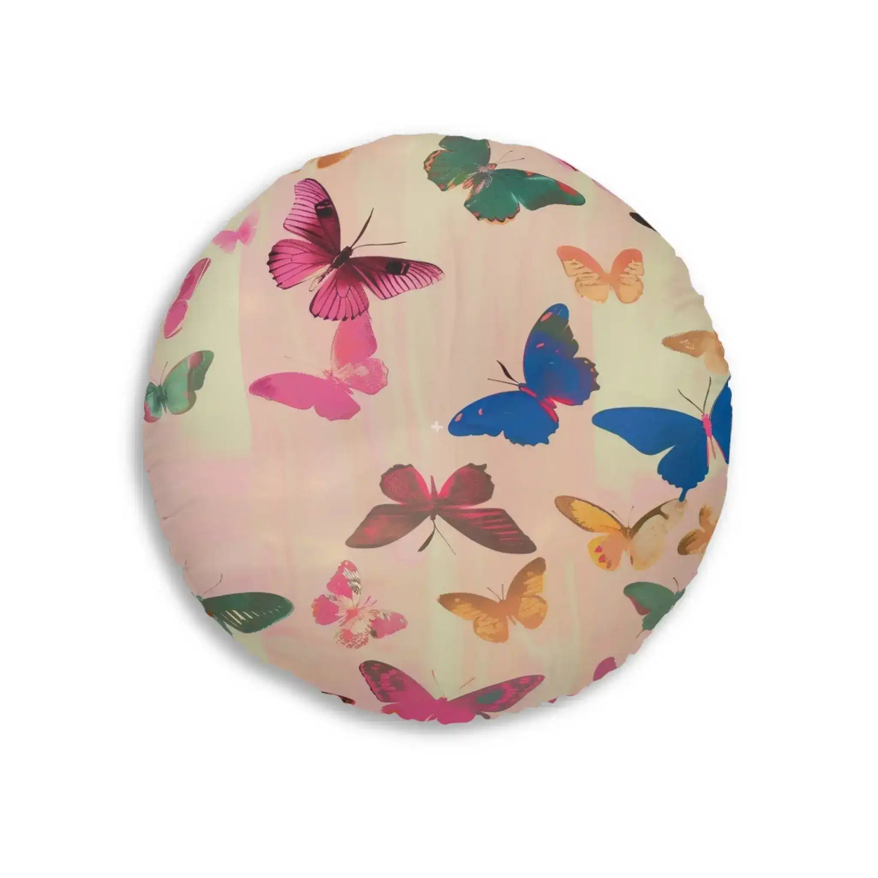 Butterfly Kisses Dreamy Pink Flight Floor Pillow front view with vivid butterflies in magenta, blue, gold and green on a soft striped blush background