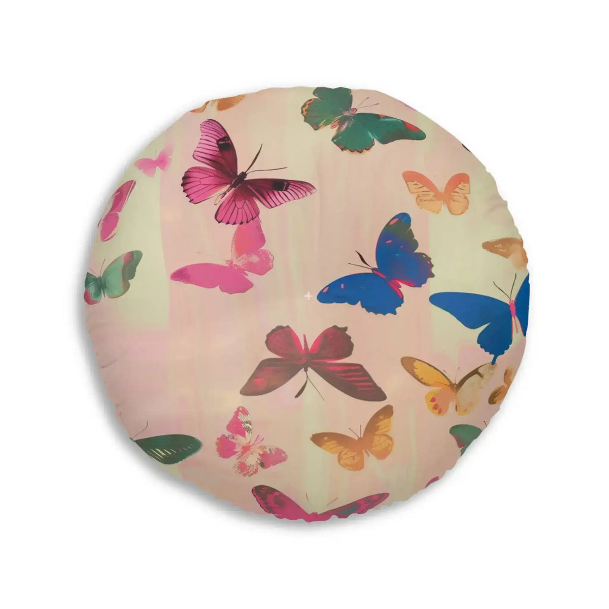 Large round Butterfly Kisses Dreamy Pink Flight Floor Pillow with detailed butterfly scatter print in multicolor tones on a blush stripe base