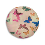 Large round Butterfly Kisses Dreamy Pink Flight Floor Pillow with detailed butterfly scatter print in multicolor tones on a blush stripe base