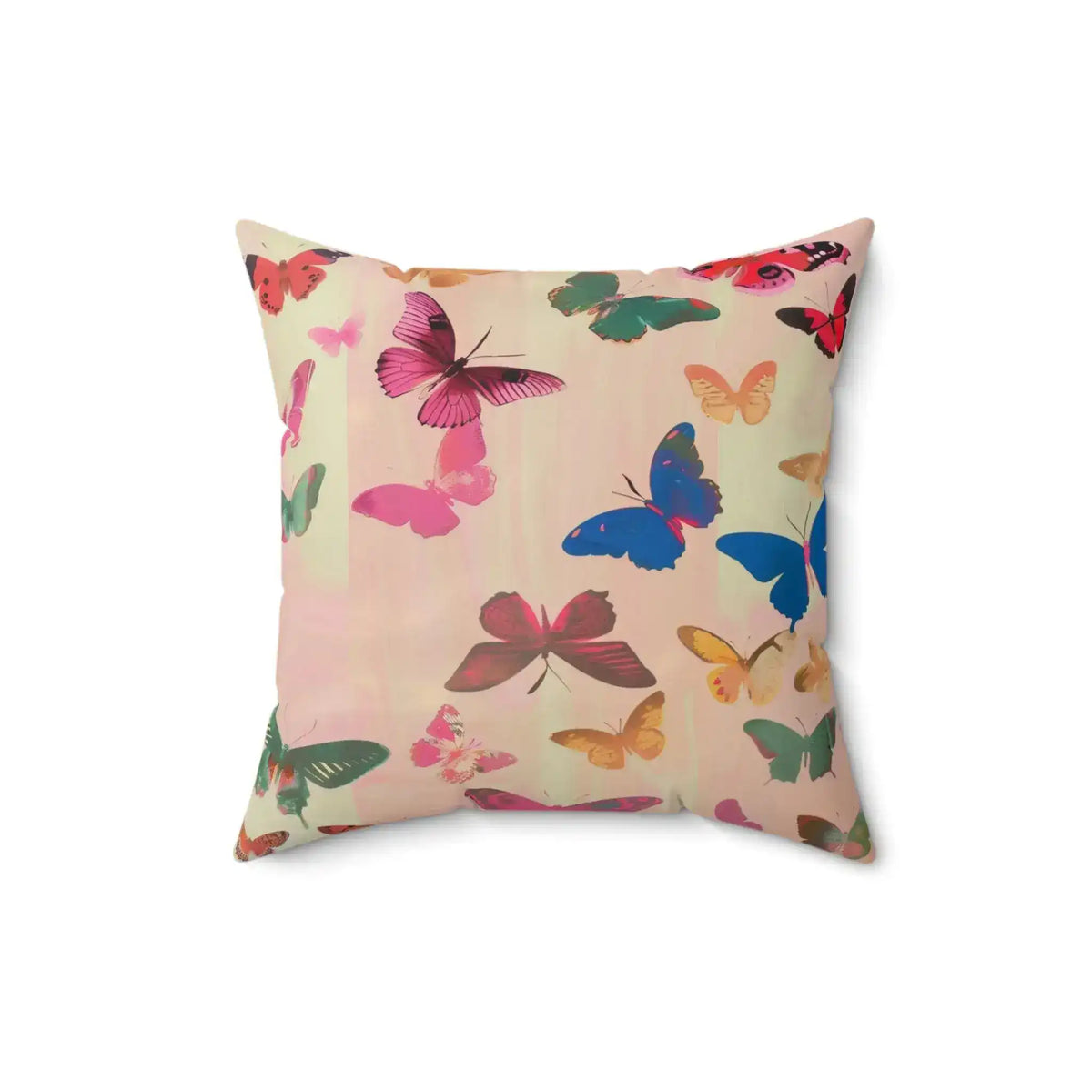 Butterfly Kisses Dreamy Pink Flight Throw Pillow slightly larger framing showing full scattered multicolor butterfly pattern