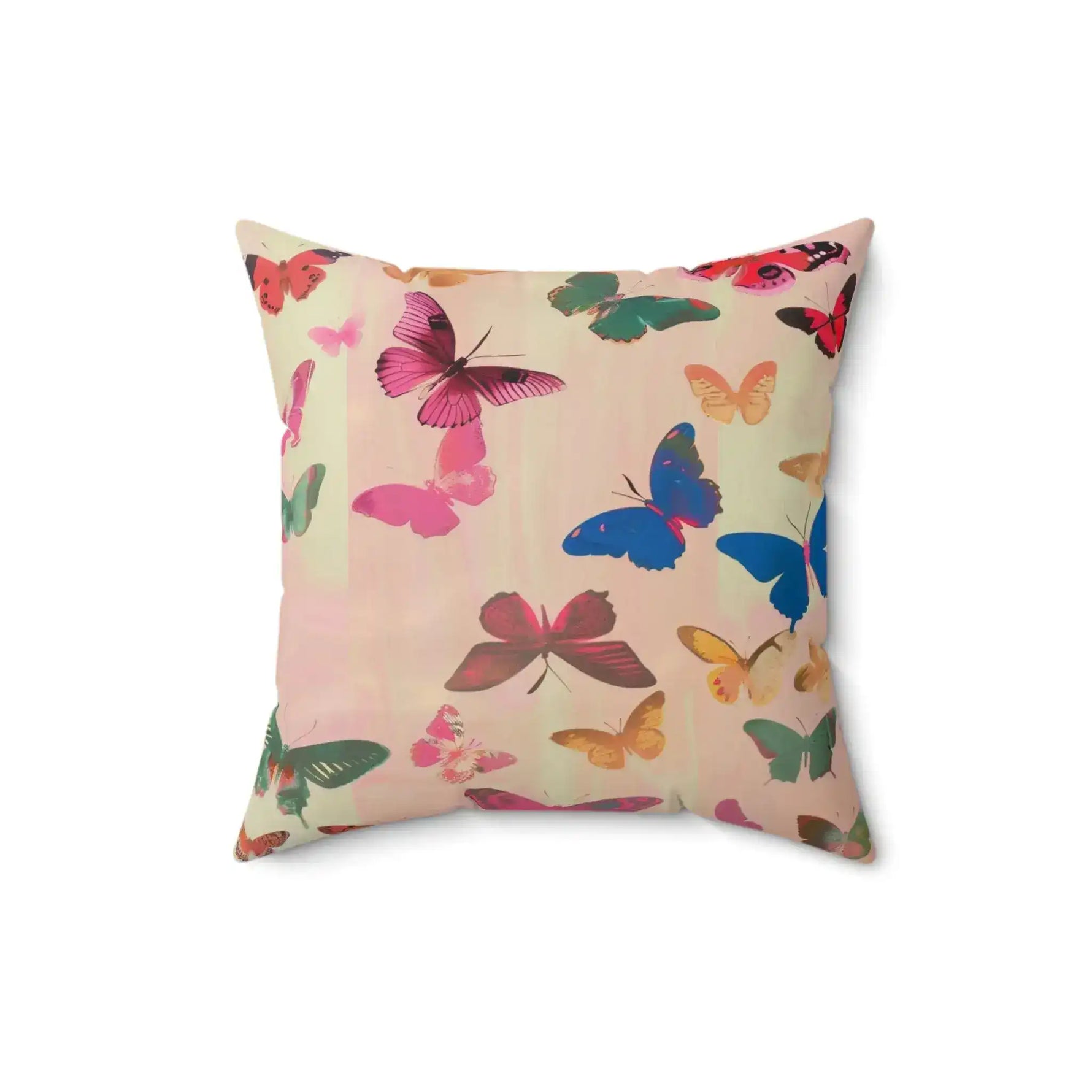 Butterfly Kisses Dreamy Pink Flight Throw Pillow slightly larger framing showing full scattered multicolor butterfly pattern