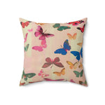 Butterfly Kisses Dreamy Pink Flight Throw Pillow larger crop showing bottom edge with small pink floral sprigs and butterfly varieties