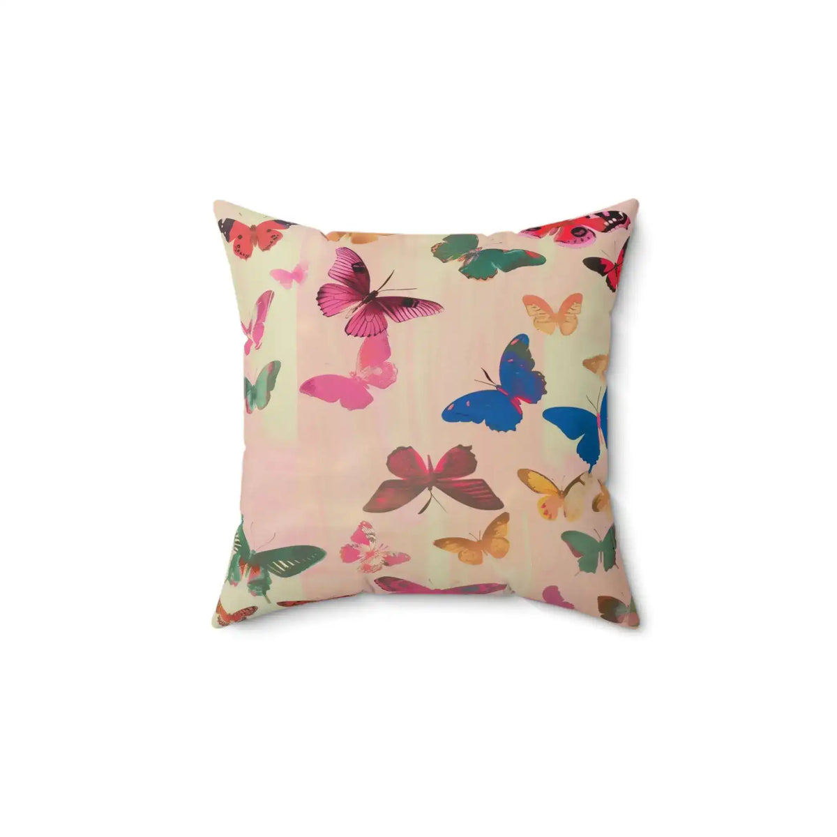 Butterfly Kisses Dreamy Pink Flight Throw Pillow smaller centered on white with extra white space around multicolor butterfly cushion