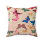 Butterfly Kisses Dreamy Pink Flight Throw Pillow angled tilted view showing full cushion with all butterfly varieties and pink sprigs