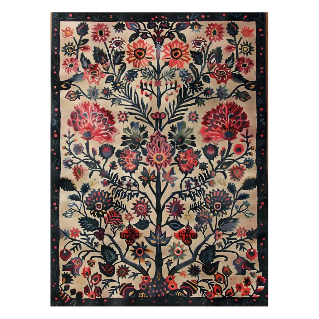 A beautifully detailed Byzantine Blooms Hand Tufted Wool Area Rug featuring intricate floral patterns with vibrant red and green hues. The design showcases a symmetrical arrangement of blooming flowers and foliage, set against a neutral background, bordered by a dark frame with floral accents.