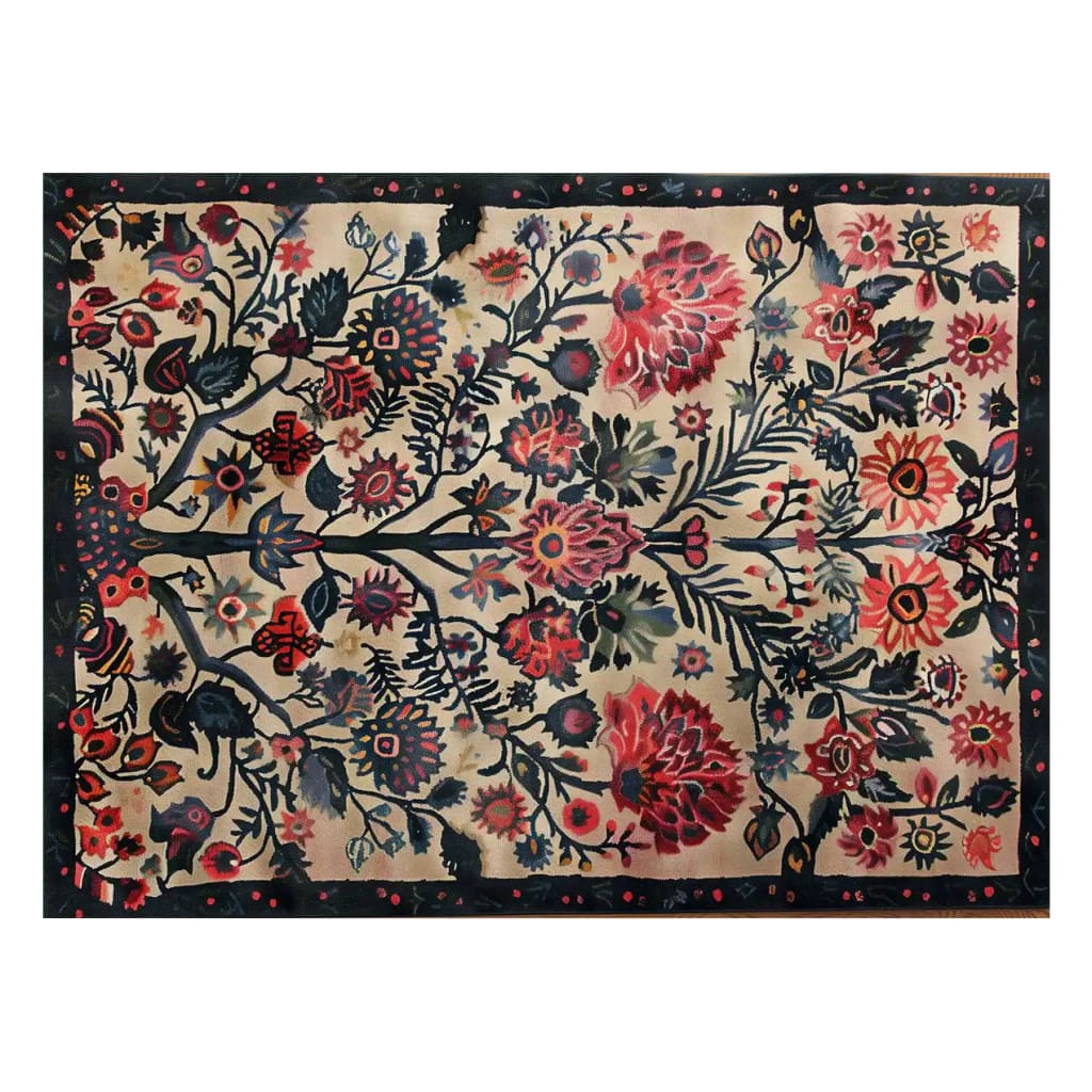 A beautifully hand-tufted wool area rug featuring an intricate floral design in vibrant red, orange, and blue hues against a soft beige background. The rug's striking blossoms and foliage create a captivating pattern, framed by a dark border adorned with smaller floral motifs.