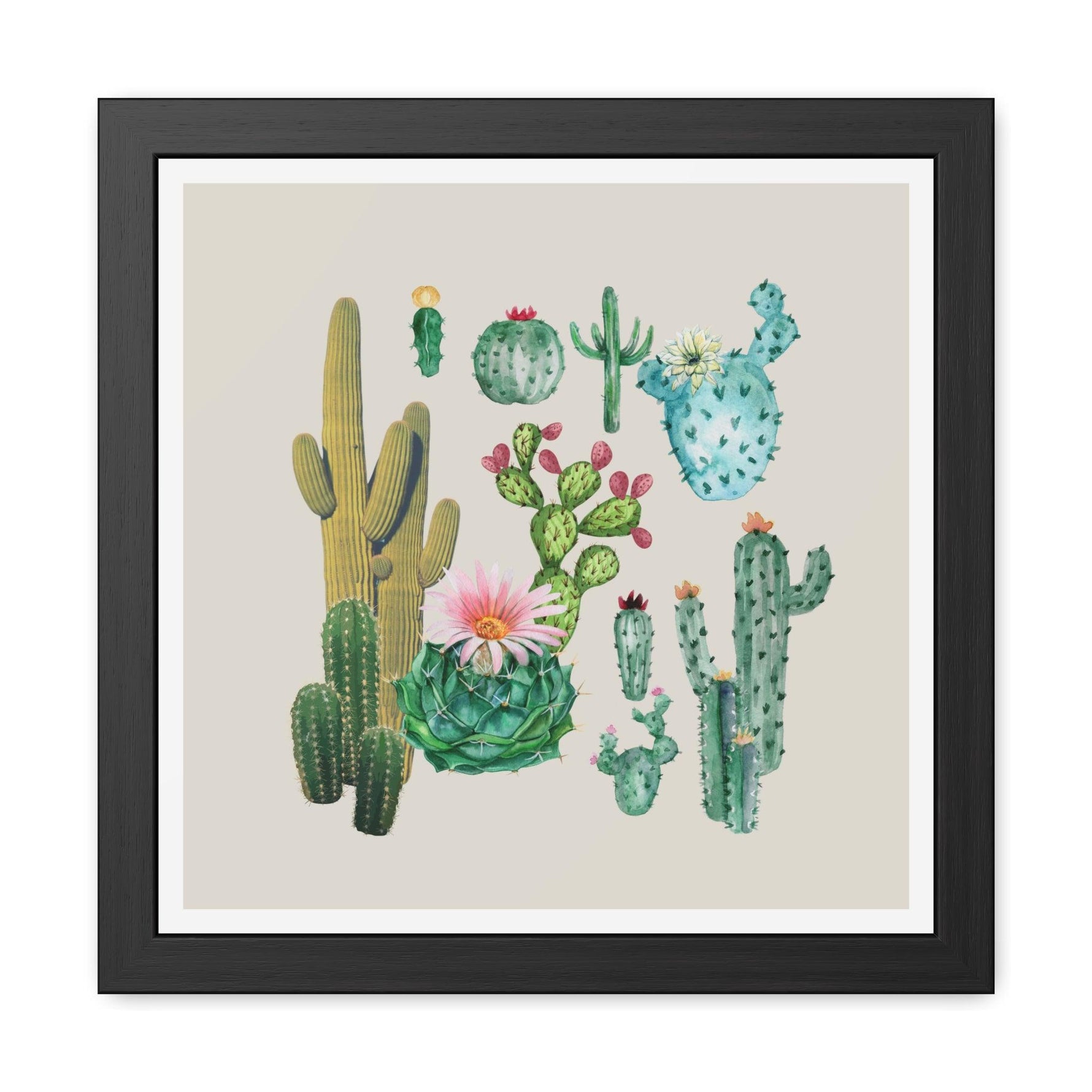 Cacti Family Vintage Inspired Framed Poster Wall Art 16″ x 16″ (Square) Semi Glossy