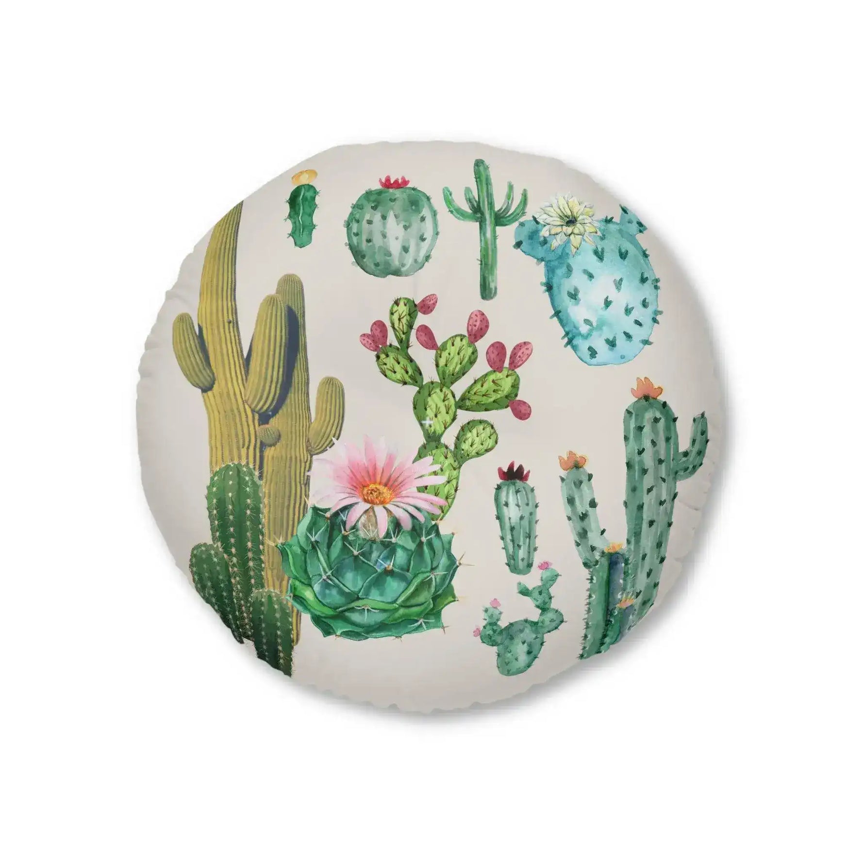 Cacti Family Vintage Inspired Tufted Round Floor Pillow 26" × 26"