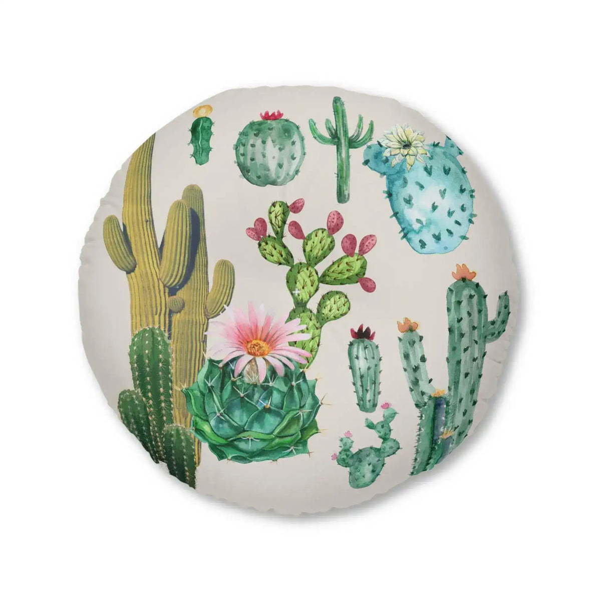 Cacti Family Vintage Inspired Tufted Round Floor Pillow 30" × 30"
