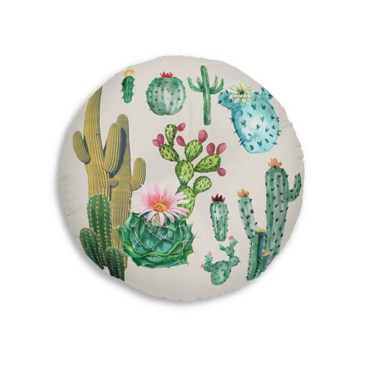 Vintage inspired tufted round throw pillow featuring a colorful cactus design, perfect for home decor and adding a touch of nature to any space.