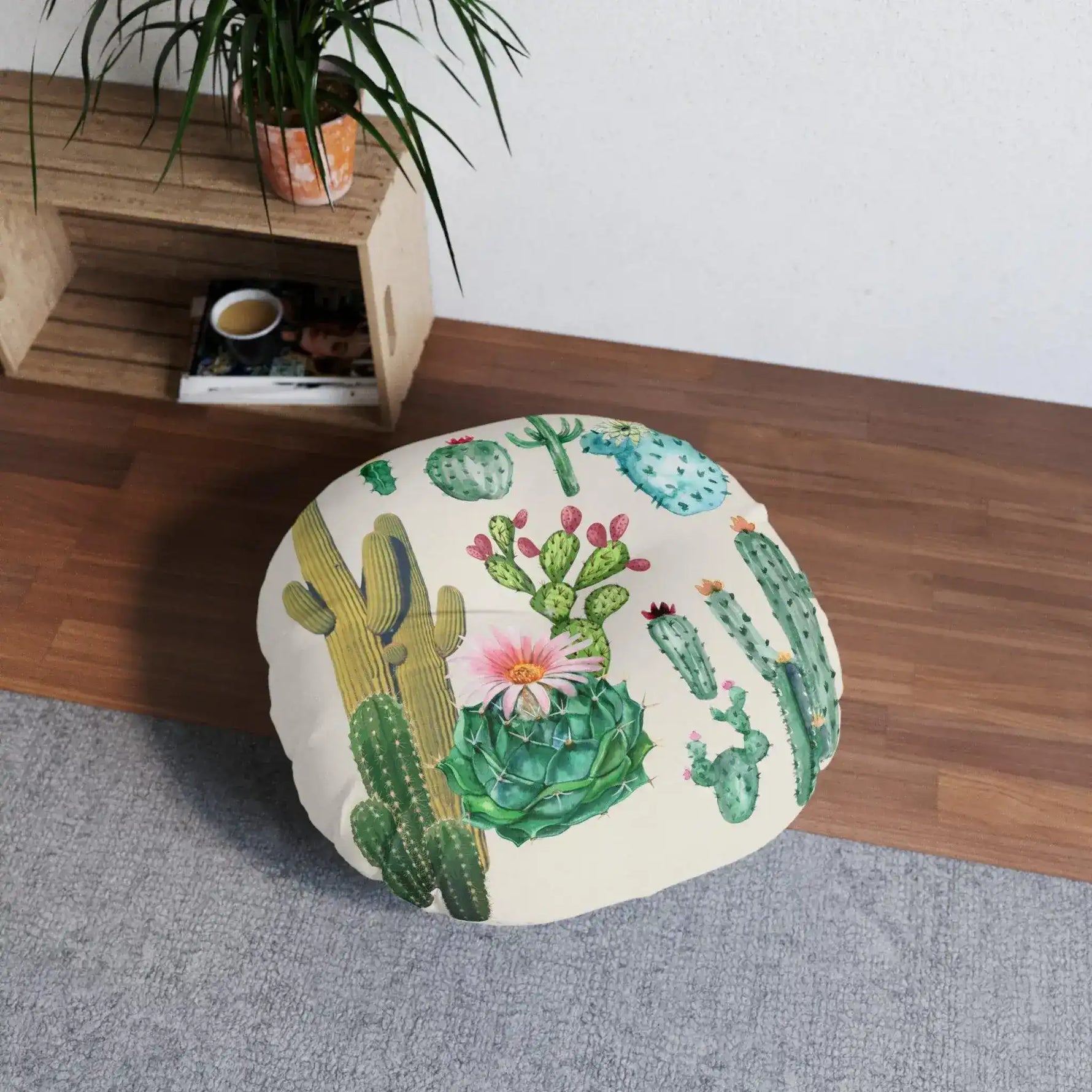 Vintage inspired tufted round floor pillow featuring a colorful cactus design, perfect for adding a touch of nature to your home decor.