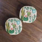 Vintage inspired round throw pillow featuring a vibrant cactus design, perfect for home decor and adding a touch of nature to any space.
